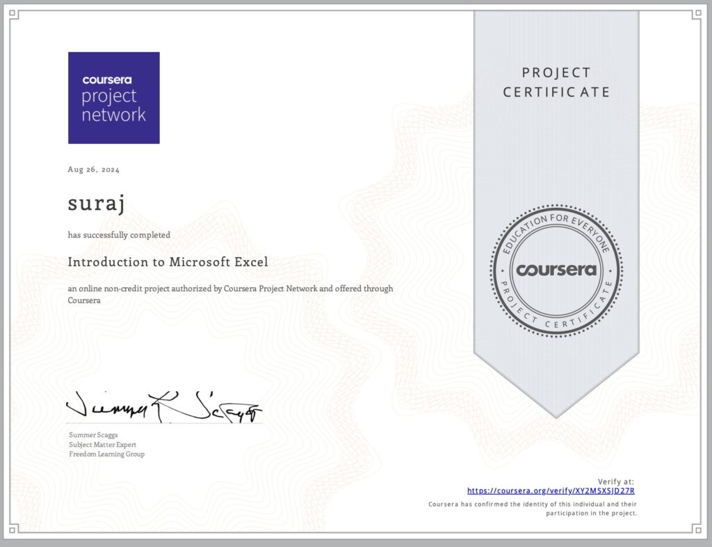 intro to ms excel certificate for suraj