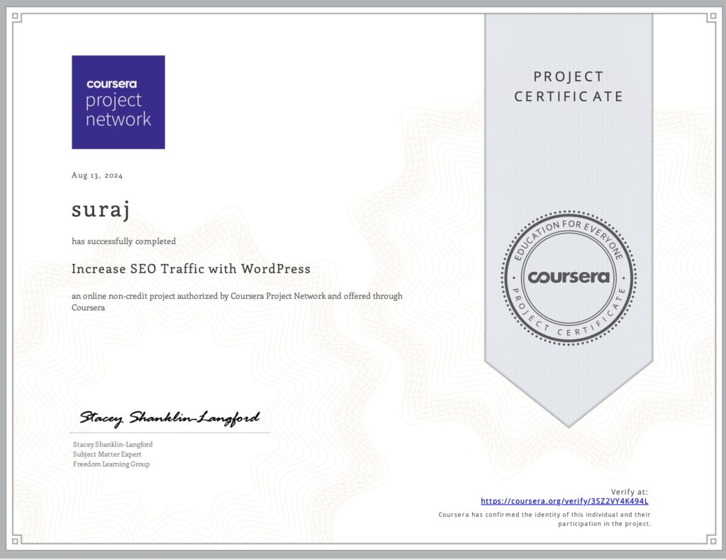 project certificate for seo